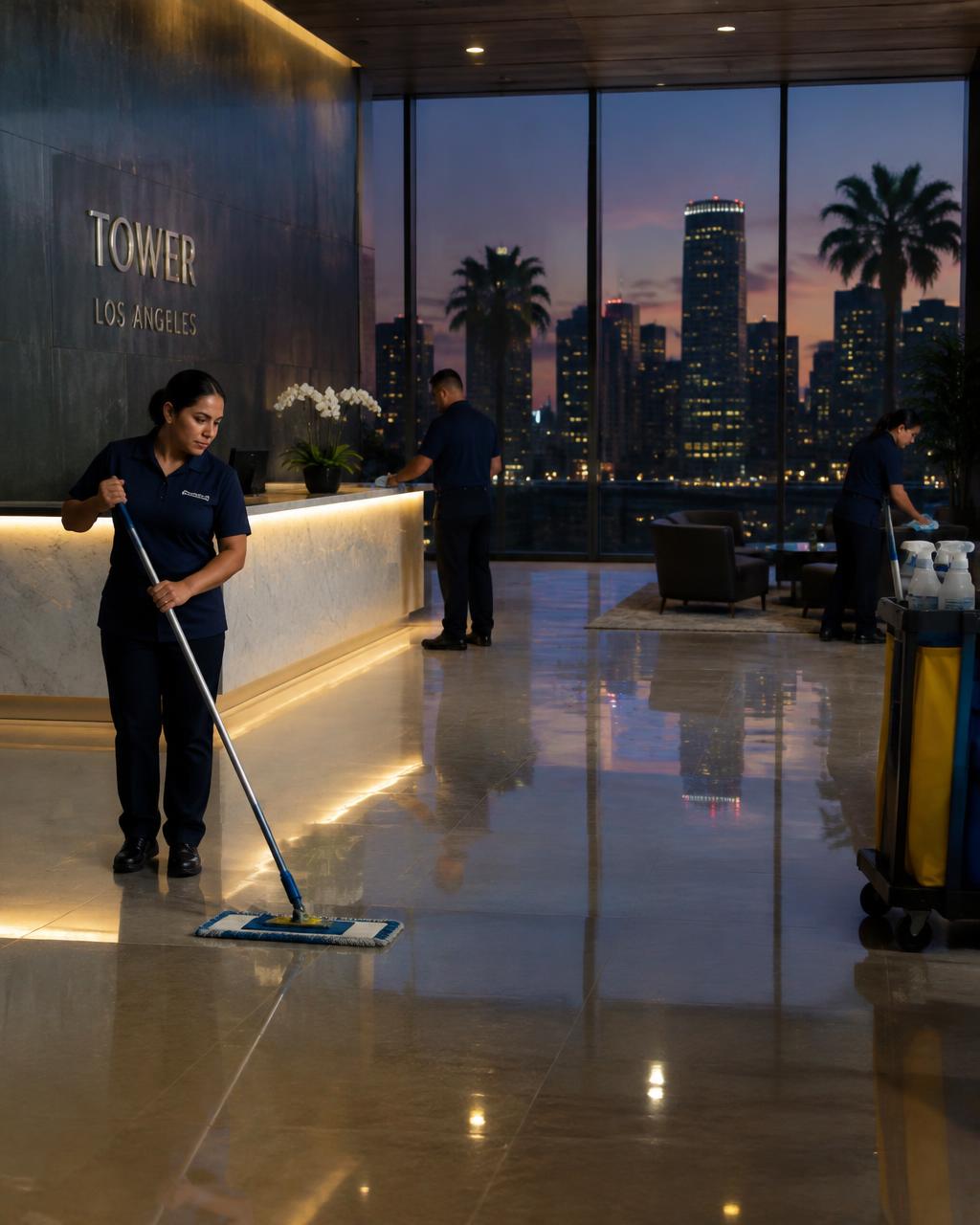 Cleaning crew in a modern office lobby